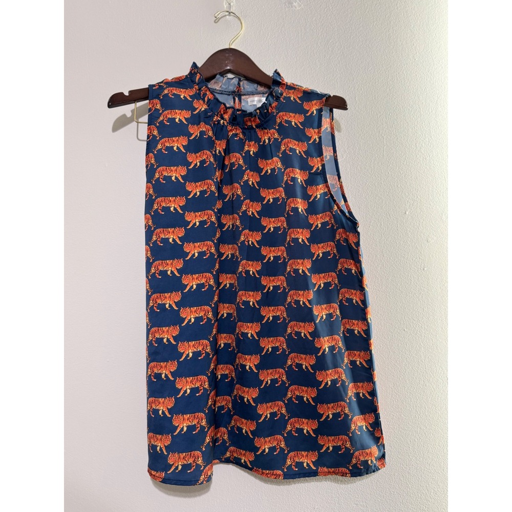 Stewart Simmons Navy Blue Orange Tiger Print Ruffle Neck Sleeveless Blouse XL
